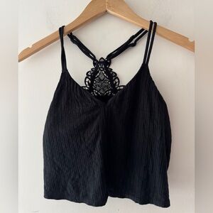 Aerie Black Ribbed Crop Floral Lace Back Strappy‎ Tank Top